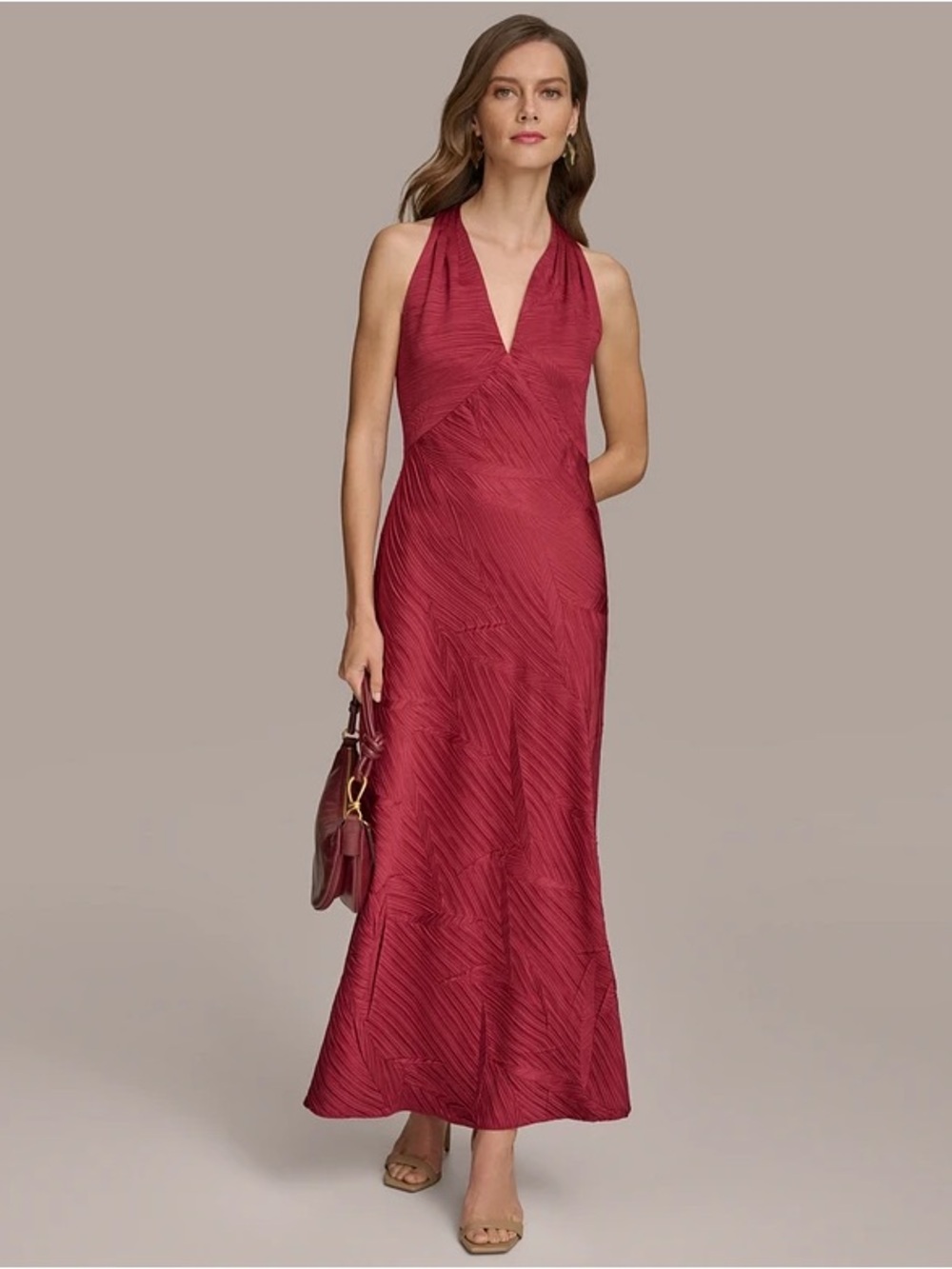 Donna Karan Sleeveless V-Neck Textured Midi Dress in Burgundy